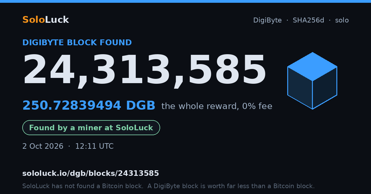 DigiByte block 24,313,585, found by a miner at SoloLuck, 250.72839494 DGB