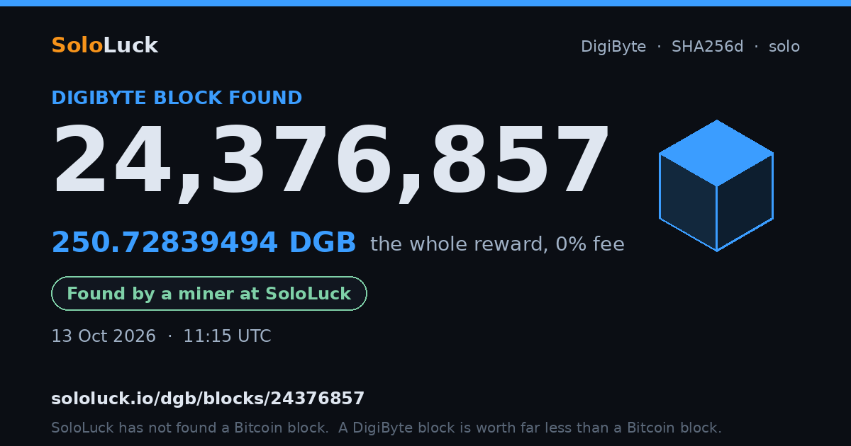 DigiByte block 24,376,857, found by a miner at SoloLuck, 250.72839494 DGB
