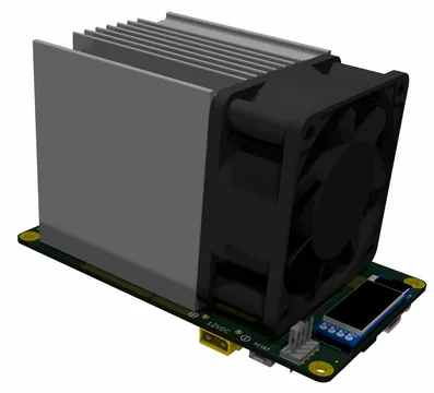 Designers' render of the Bitaxe NajaDuo with its heatsink and fan