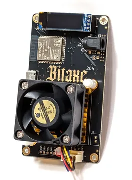 Bitaxe Ultra board 204 with its heatsink fan fitted