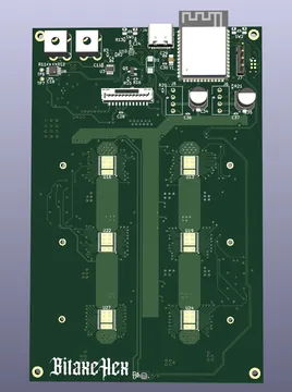 Designers' render of the Bitaxe UltraHex board with its six chips