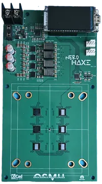 NerdHaxe-γ board, front, with its display (no heatsink fitted)