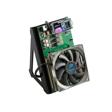 NerdQaxe++ on its black stand, screen lit, with its large fan and finned heatsink